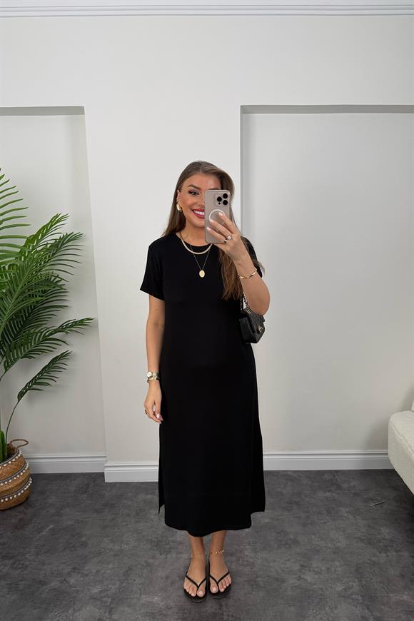 Yanı Yırtmaçlı Midi Boy Basic Elbise Siyah