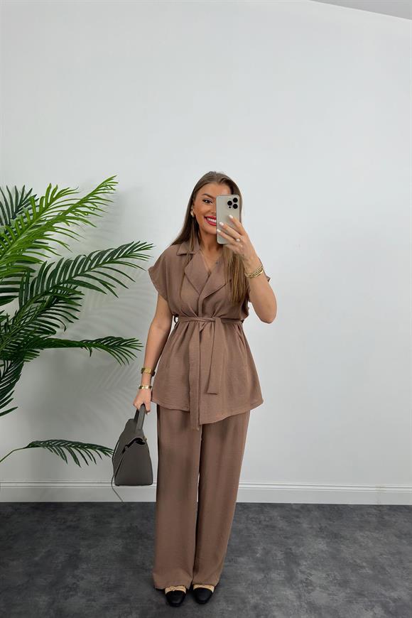 Yelek Palazzo Keten Ayrobin Takım Kahverengi