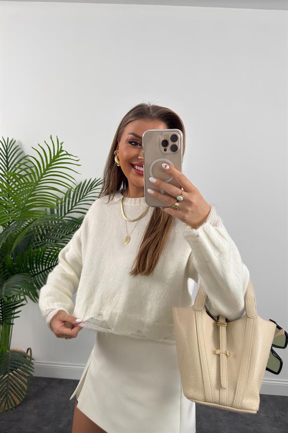 Yırtık Tasarımlı Yumoş Basic Kazak Ekru