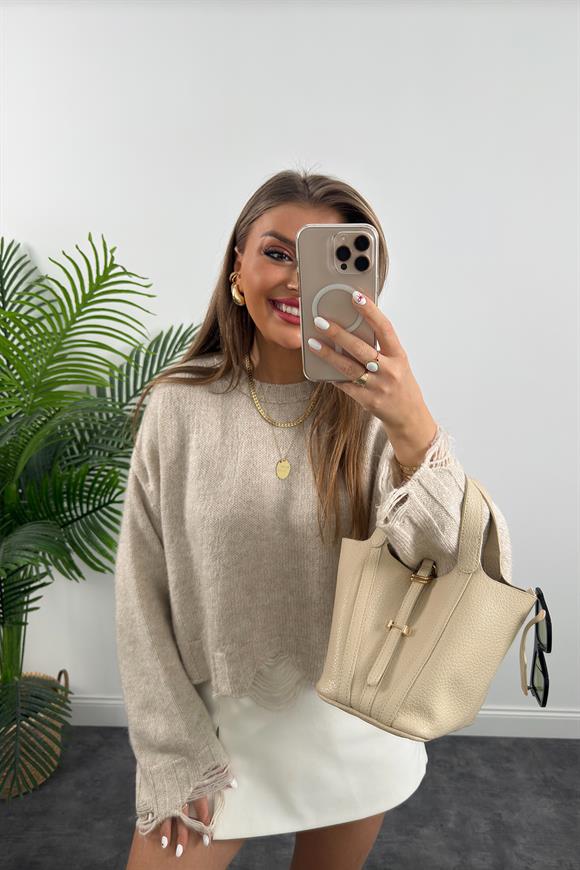 Yırtık Tasarımlı Yumoş Basic Kazak Taş