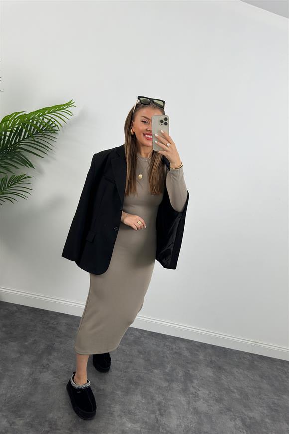 Yüksek Kalite İthal Oysh Kumaş Basic Maxi Elbise Açık Vizon