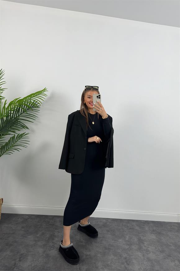 Yüksek Kalite İthal Oysh Kumaş Basic Maxi Elbise Yıkamalı Siyah