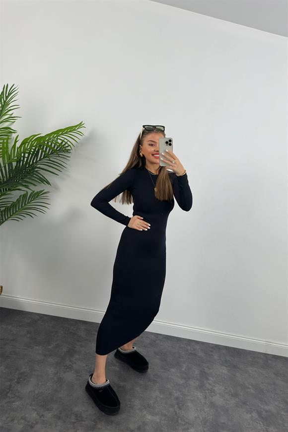 Yüksek Kalite İthal Oysh Kumaş Basic Maxi Elbise Yıkamalı Siyah