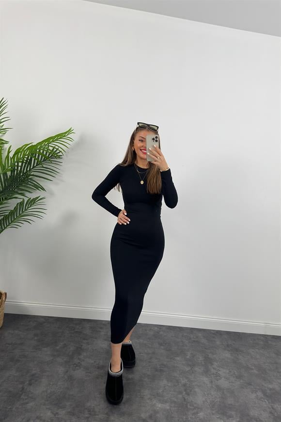 Yüksek Kalite İthal Oysh Kumaş Basic Maxi Elbise Yıkamalı Siyah