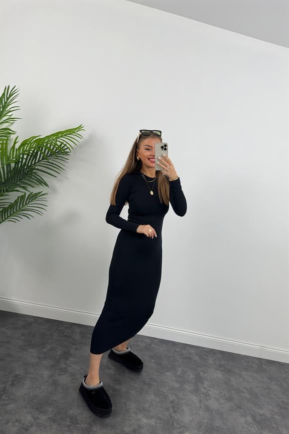Yüksek Kalite İthal Oysh Kumaş Basic Maxi Elbise Yıkamalı Siyah