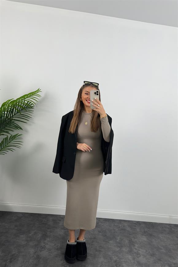 Yüksek Kalite İthal Oysh Kumaş Basic Maxi Elbise Açık Vizon