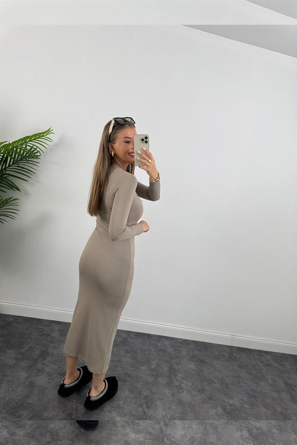 Yüksek Kalite İthal Oysh Kumaş Basic Maxi Elbise Açık Vizon