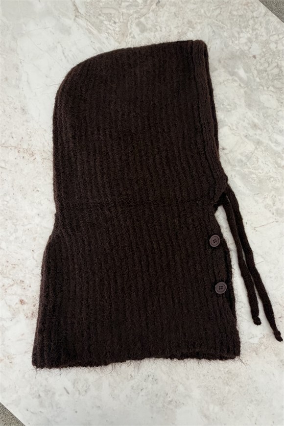 Yumuşak Dokulu Düğmeli Balaclava Acı Kahve