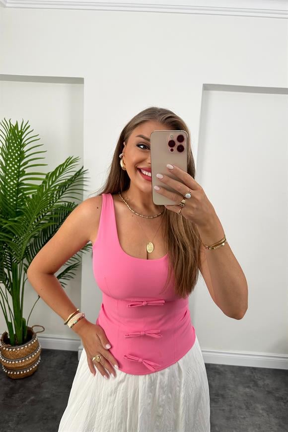 Zra Model Klasik Kumaş Fiyonklu Kolsuz Bluz Pembe