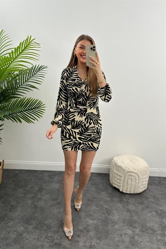 Zara Model Likralı Desenli Kruvaze Krep Elbise