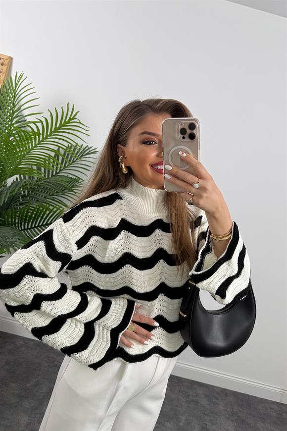 Zikzak Örgü Ajurlu Kazak Siyah Beyaz