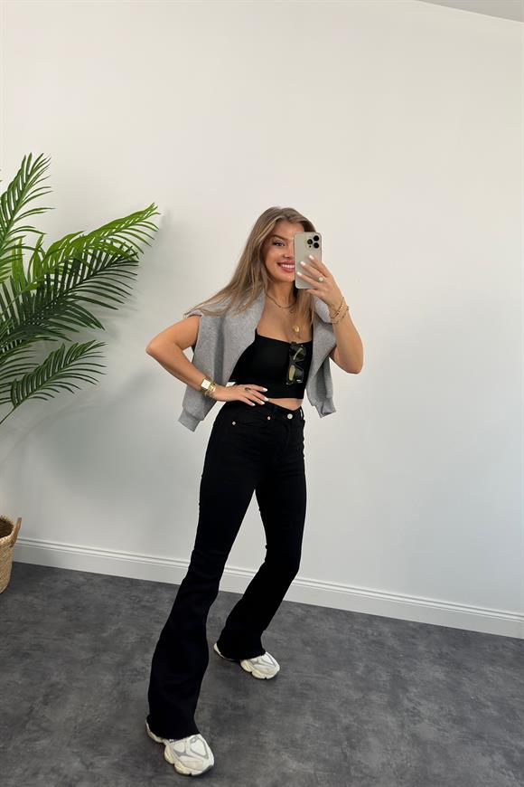 Zra Kesik Paça Likralı Toparlayıcı İspanyol Jean Siyah