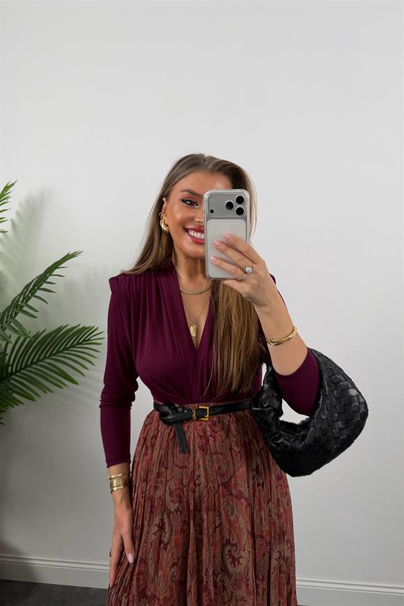 Zra Model Asimetrik Maxi Şifon Etek Bordo Şal Desenli