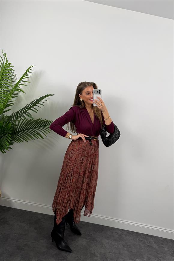 Zra Model Asimetrik Maxi Şifon Etek Bordo Şal Desenli