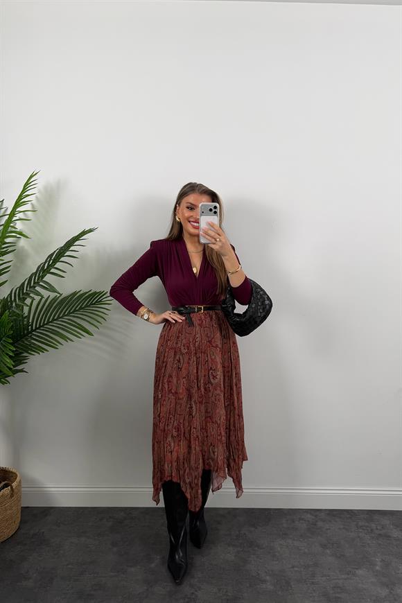 Zra Model Asimetrik Maxi Şifon Etek Bordo Şal Desenli