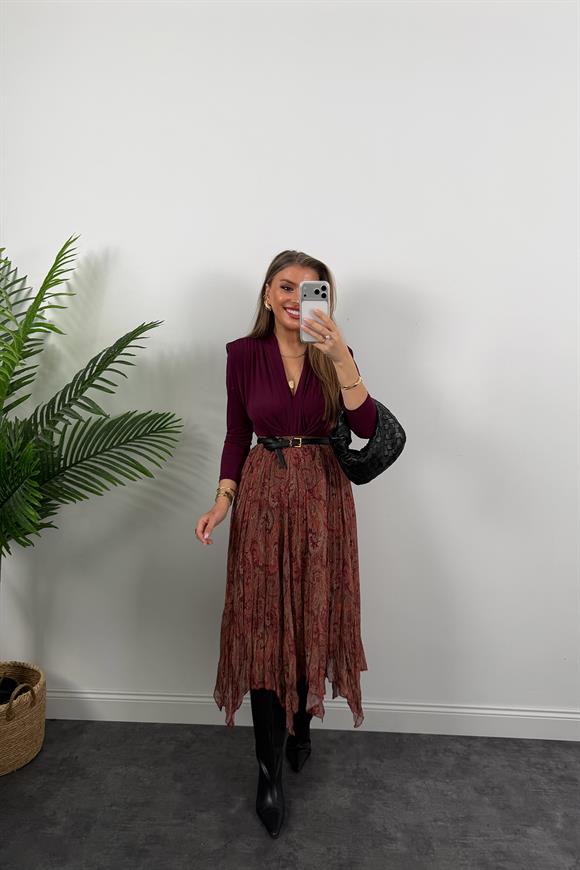 Zra Model Asimetrik Maxi Şifon Etek Bordo Şal Desenli