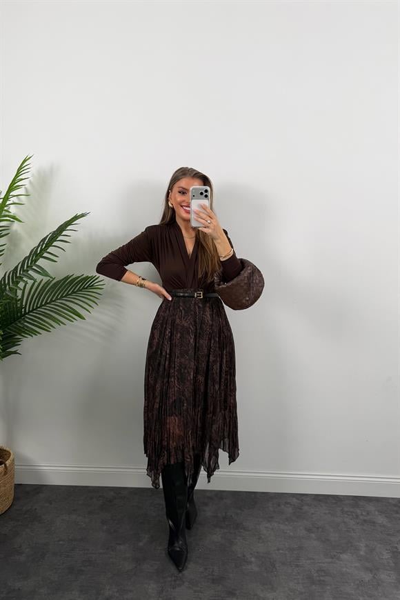 Zra Model Asimetrik Maxi Şifon Etek Kahve Siyah Desenli