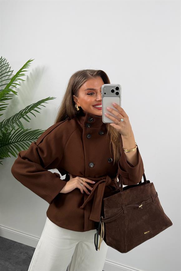 Zra Model Dik Yaka Apoletli Kısa Kaşe Kaban Acı Kahve