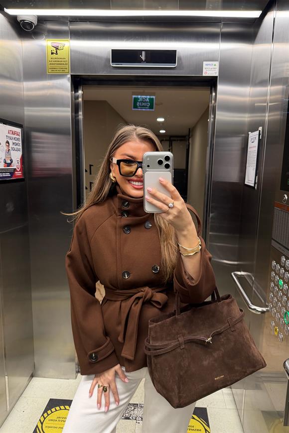 Zra Model Dik Yaka Apoletli Kısa Kaşe Kaban Acı Kahve