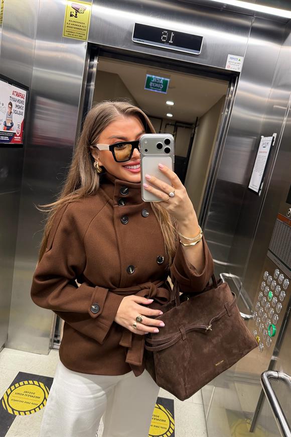 Zra Model Dik Yaka Apoletli Kısa Kaşe Kaban Acı Kahve