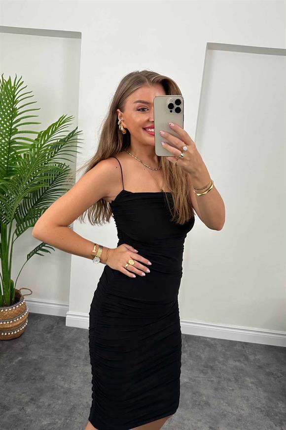 Zra Model Drapeli Likralı Kalem Elbise Siyah 