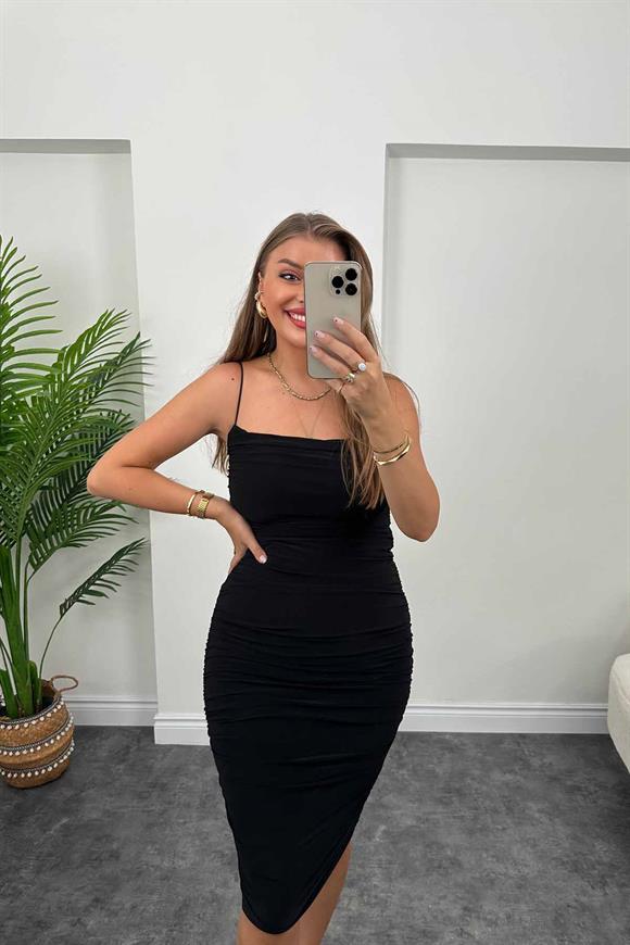 Zra Model Drapeli Likralı Kalem Elbise Siyah 