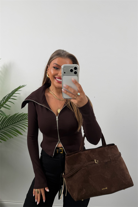 Zra Model Fermuarlı Likralı Geniş Yaka Basic Bluz Acı Kahve 
