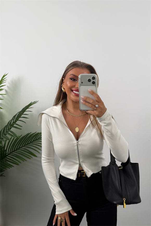 Zra Model Fermuarlı Likralı Geniş Yaka Basic Bluz Beyaz