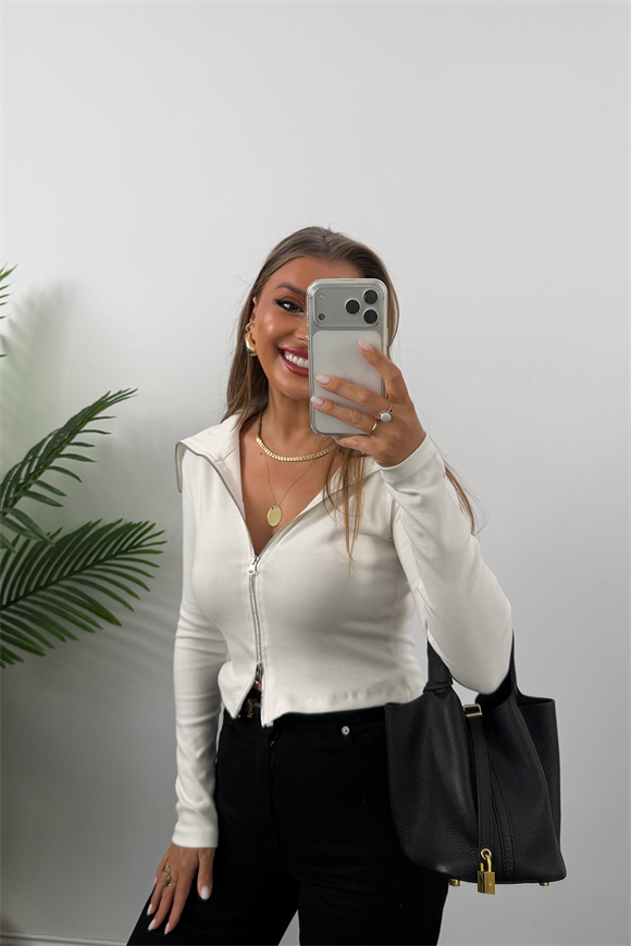 Zra Model Fermuarlı Likralı Geniş Yaka Basic Bluz Beyaz