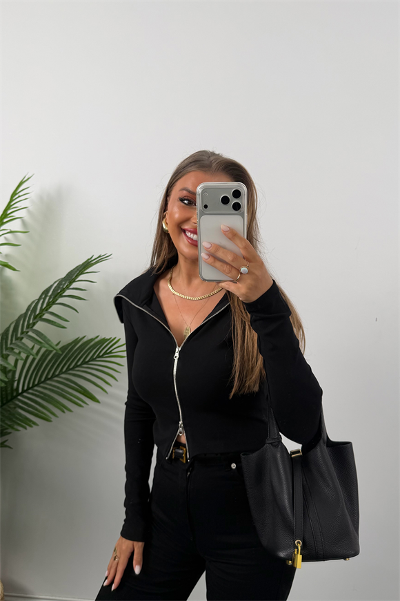 Zra Model Fermuarlı Likralı Geniş Yaka Basic Bluz Siyah