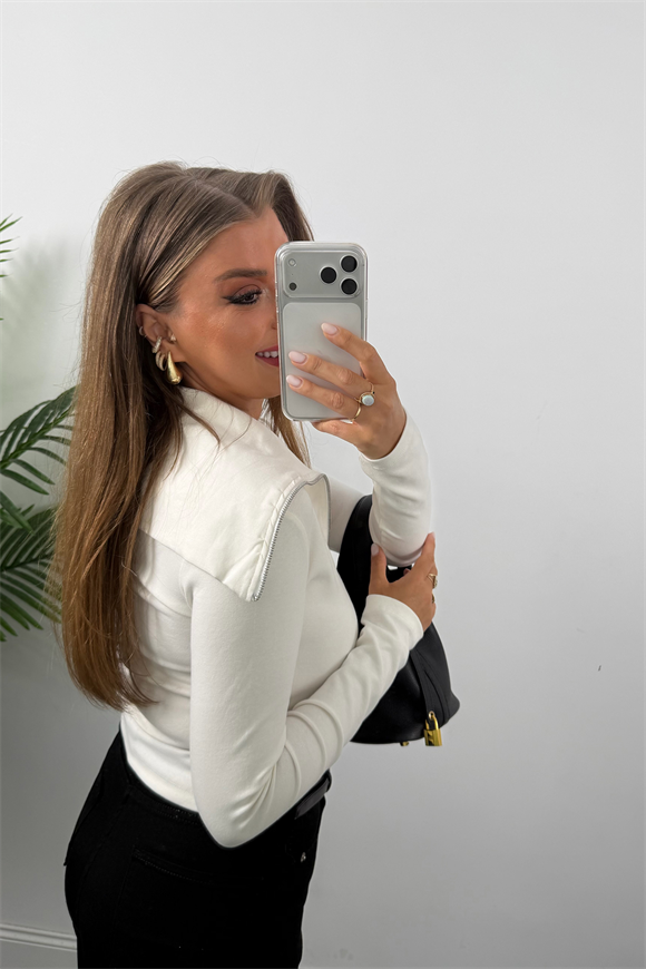 Zra Model Fermuarlı Likralı Geniş Yaka Basic Bluz Beyaz