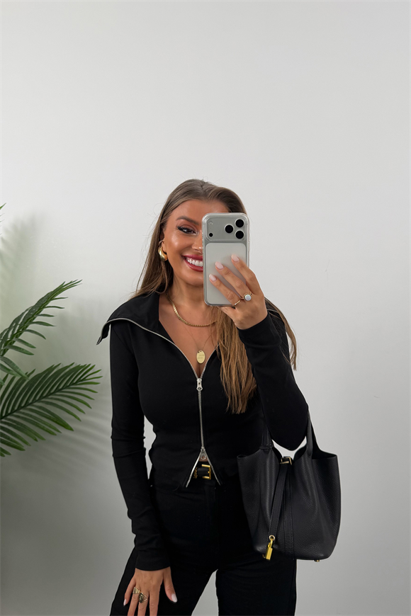 Zra Model Fermuarlı Likralı Geniş Yaka Basic Bluz Siyah