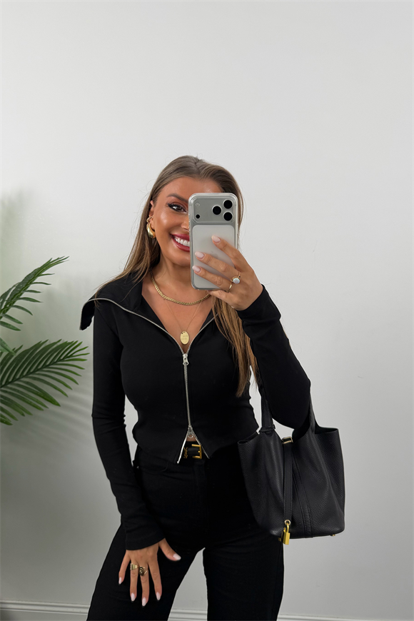 Zra Model Fermuarlı Likralı Geniş Yaka Basic Bluz Siyah