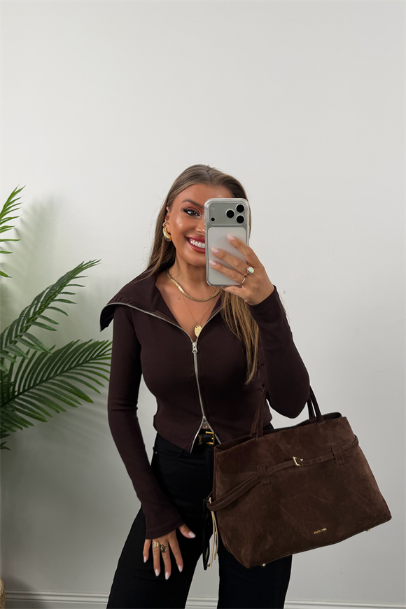 Zra Model Fermuarlı Likralı Geniş Yaka Basic Bluz Acı Kahve 