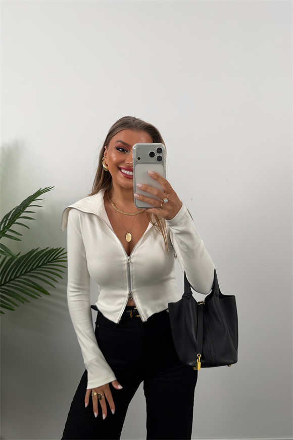 Zra Model Fermuarlı Likralı Geniş Yaka Basic Bluz Beyaz