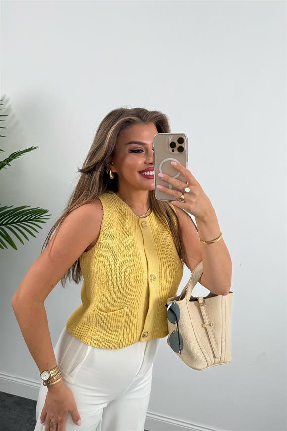 Zra Model Gold Düğme Elit Triko Yelek Sarı