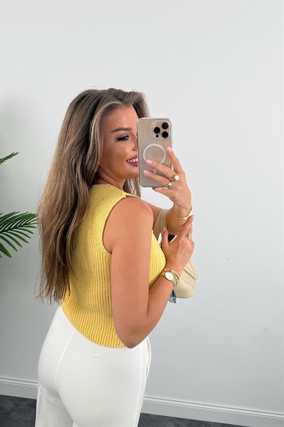 Zra Model Gold Düğme Elit Triko Yelek Sarı