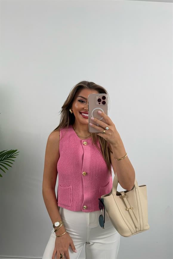 Zra Model Gold Düğme Elit Triko Yelek Pembe