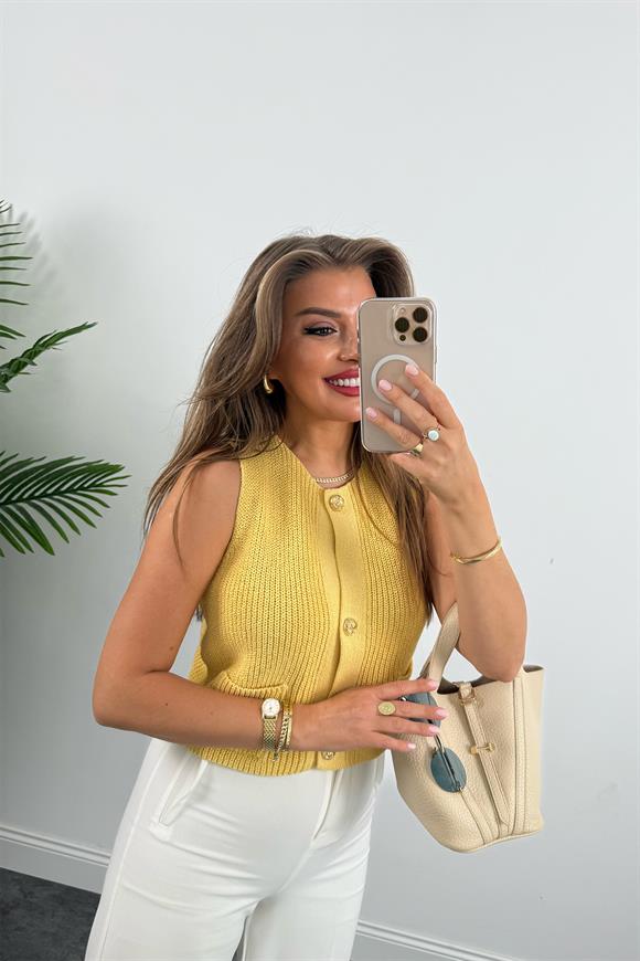 Zra Model Gold Düğme Elit Triko Yelek Sarı