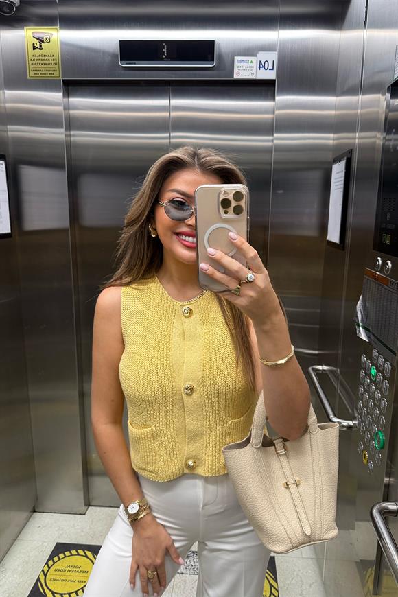 Zra Model Gold Düğme Elit Triko Yelek Sarı