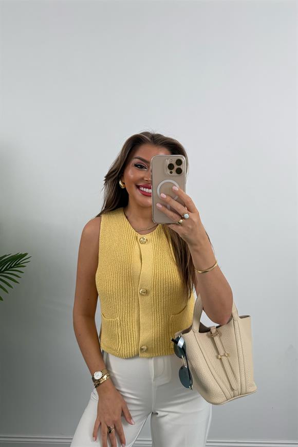 Zra Model Gold Düğme Elit Triko Yelek Sarı