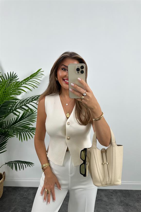 Zra Model Gold Top Düğmeli Kaşmir Dokulu Yelek Krem