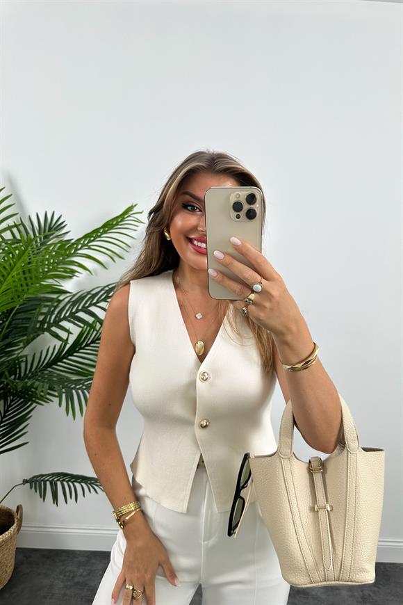 Zra Model Gold Top Düğmeli Kaşmir Dokulu Yelek Krem