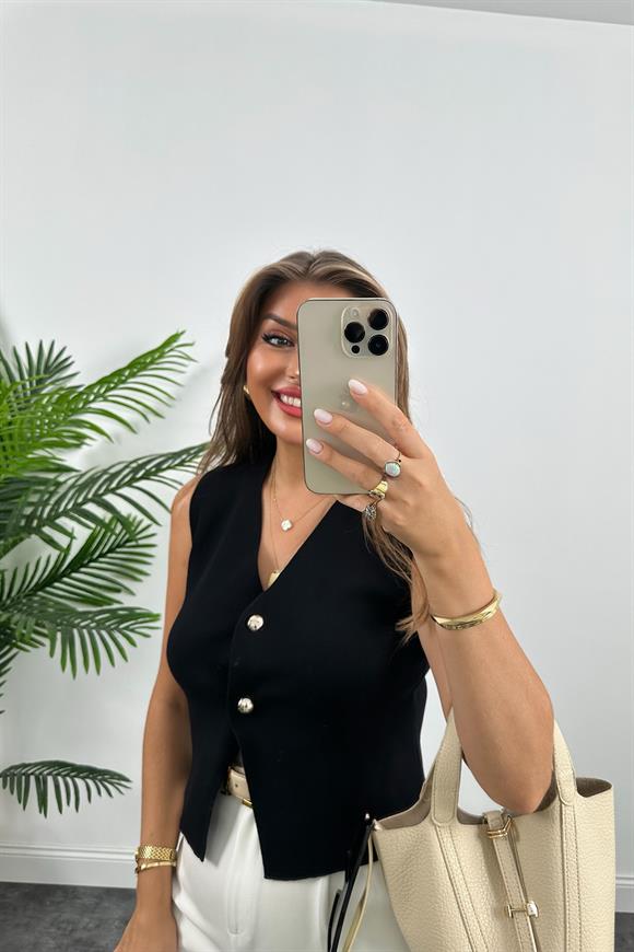 Zra Model Gold Top Düğmeli Kaşmir Dokulu Yelek Siyah