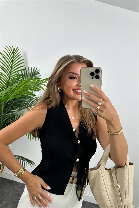 Zra Model Gold Top Düğmeli Kaşmir Dokulu Yelek Siyah