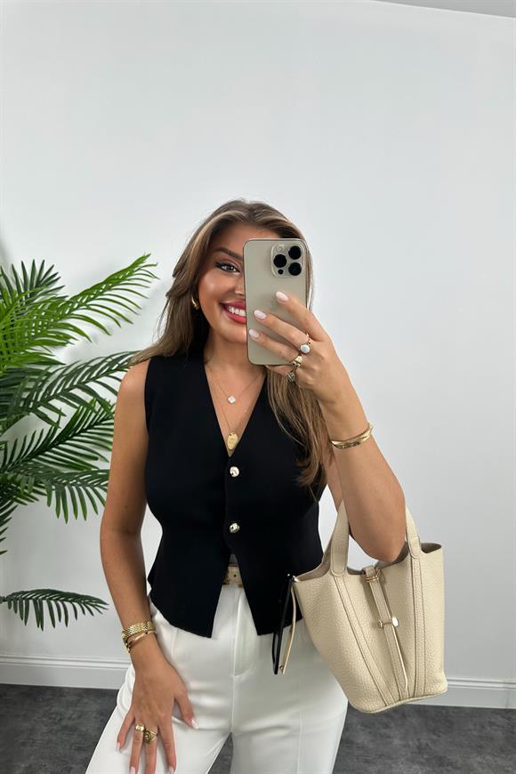 Zra Model Gold Top Düğmeli Kaşmir Dokulu Yelek Siyah