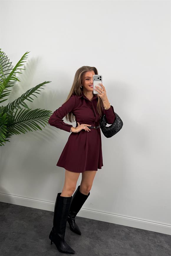 Zra Model Kemerli Kloş Gömlek Elbise Bordo