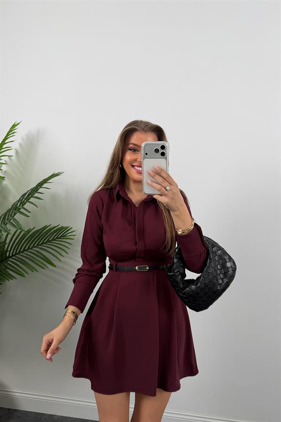 Zra Model Kemerli Kloş Gömlek Elbise Bordo