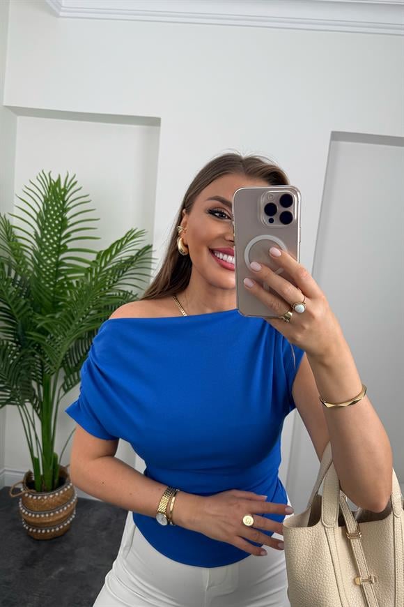 Zra Model Likralı Drapeli Düşük Omu Kısa Kol Bluz Sax Mavi