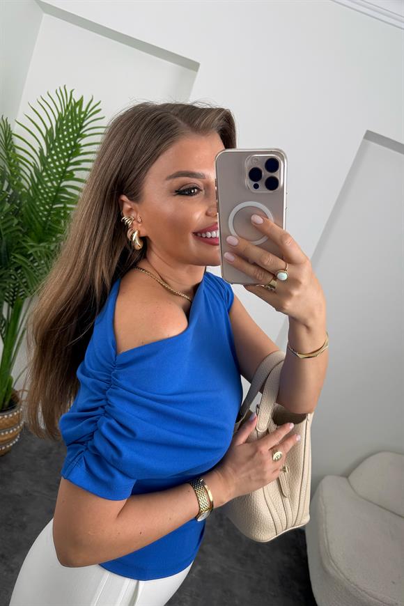 Zra Model Likralı Drapeli Düşük Omu Kısa Kol Bluz Sax Mavi